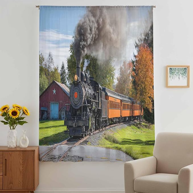Steam Train Sheer Curtains 84 Inch Length Railroad Country Barn Rustic Trees - Image 5