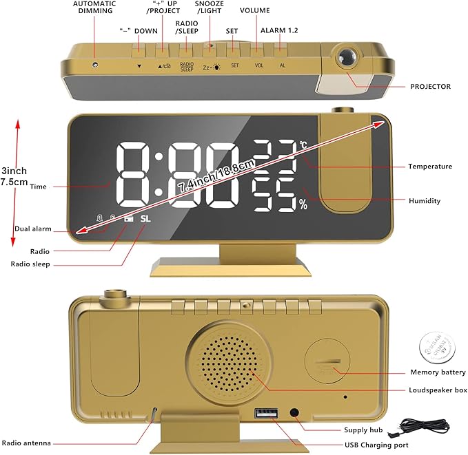 Projection Digital Alarm Clock for Bedrooms, Alarm Clock Radio on Ceiling - Image 6