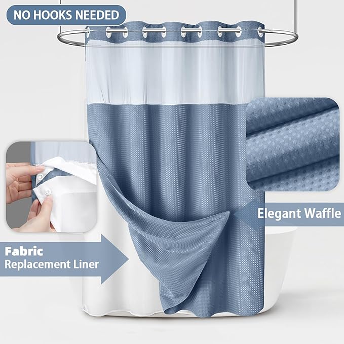 No Hook Shower Curtain and Liner Set, Sky Blue Hotel Waffle Shower Curtain - Image 3
