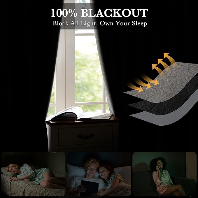 RYB HOME Grey 100% Blackout Curtains 63 inch Long, Light Blacking & Thermal - Image 3