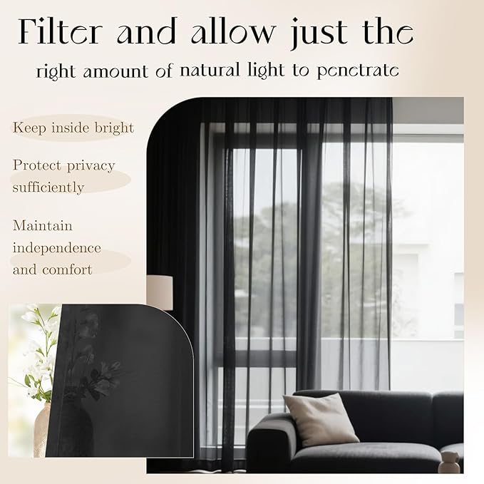 Dreaming Casa Solid Sheer Curtains 96 Inches Long Black Rod Pocket Voile - Image 4