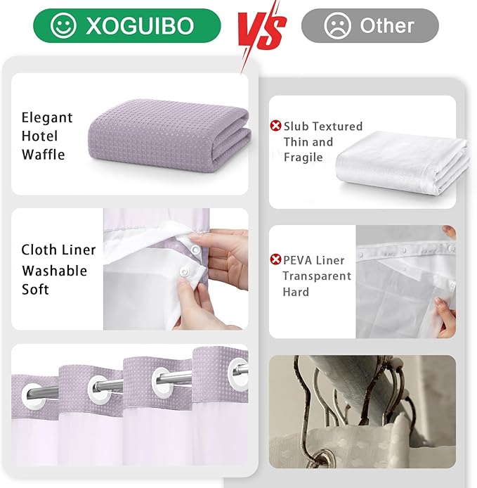 No Hook Shower Curtain and Liner Set, Lavender Hotel Waffle Shower Curtain - Image 5