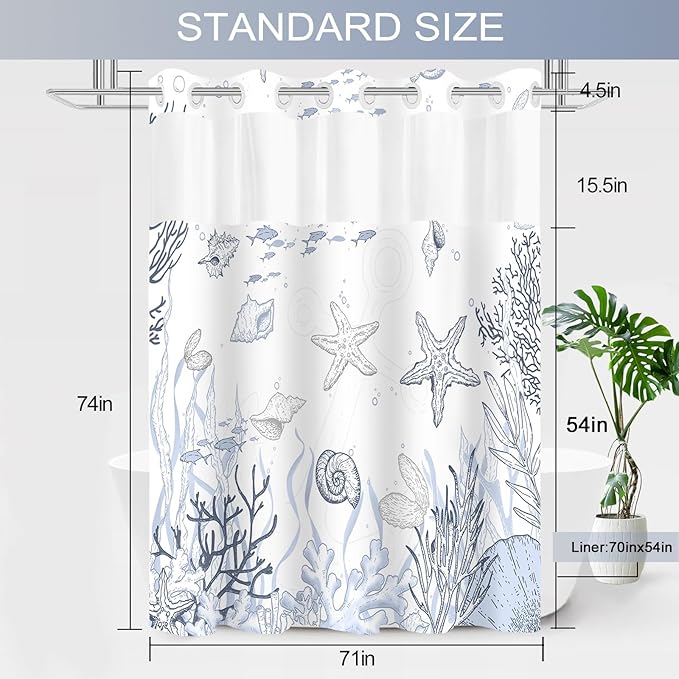 No Hook Shower Curtain with Snap in Liner, Beach Ocean Nautical Coastal Shower - Image 6