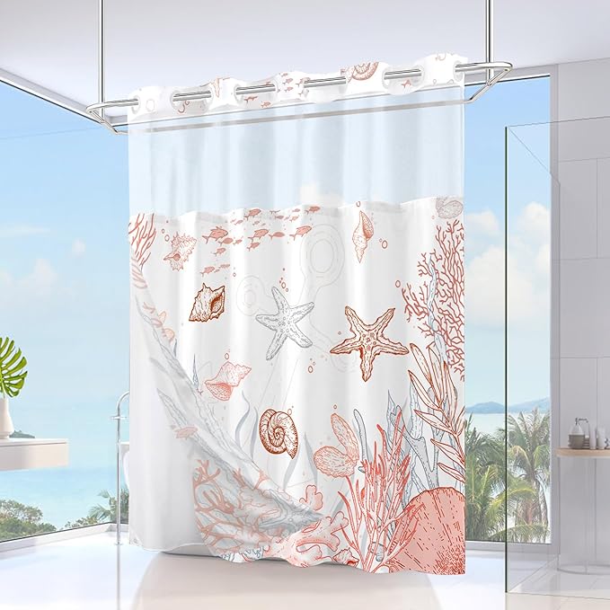 No Hook Shower Curtain with Snap in Liner, Beach Ocean Nautical Coastal Shower - Image 2