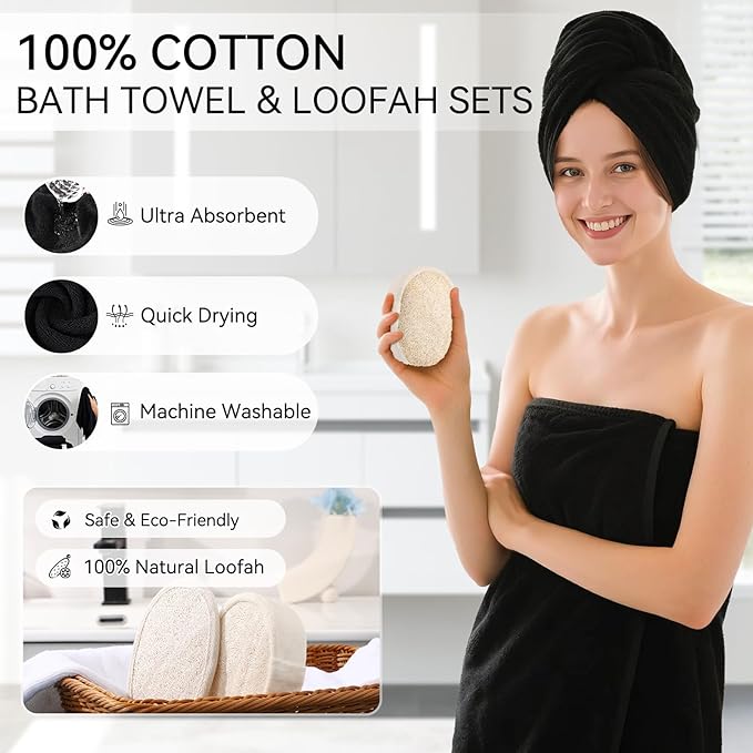 Black Bathroom Set, Bath Towel Set, Natural Loofah Sponge, Soap Dispenser - Image 5