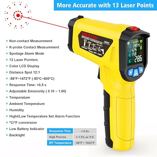 MESTEK Infrared Thermometer Gun -58°F to 1472°F, Digital Temperature Gun/K-Type - Image 3