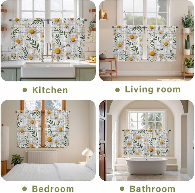 Spring Daisy Tier Curtains, Farmhouse Country Flower Leaf Plant Wood Grain - Image 8