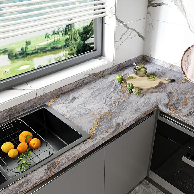 CRE8TIVE 12"x354" Gold Grey Marble Contact Paper Matte Slate Marble Wallpaper - Image 4