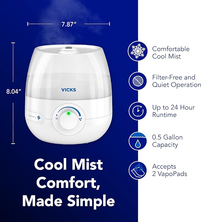 Vicks Mini Filter Free Cool Mist Humidifier, Small Room – Variable Mist Control - Image 2