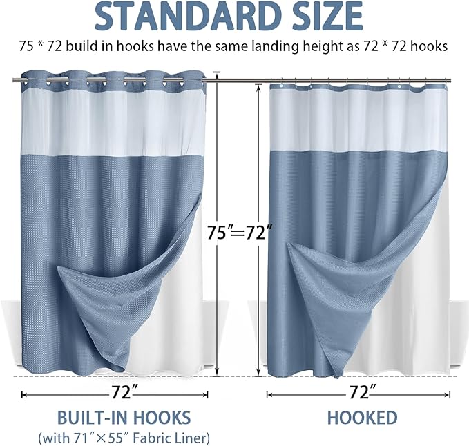 No Hook Shower Curtain and Liner Set, Sky Blue Hotel Waffle Shower Curtain - Image 6