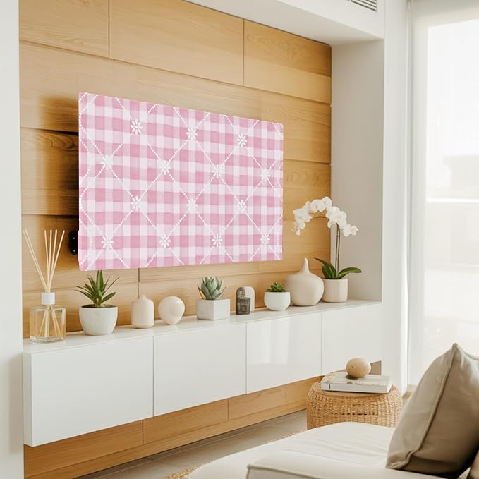 Pink Plaid Flower White Lattice Indoor TV Cover, Elastic TV Screen Protector - Image 3