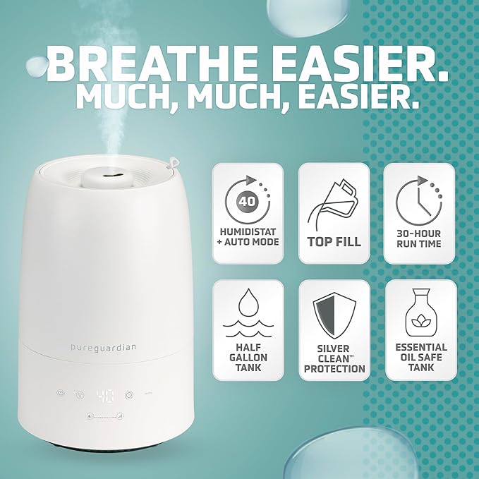 PureGuardian 30-Hour .50 Gallon Top Fill Cool Mist Ultrasonic Humidifier - Image 2