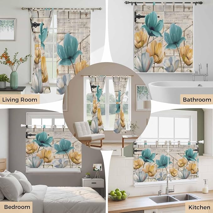 Watercolor Flowers Kitchen Curtains 24 Inch Length, Small Window Curtains Tab - Image 7