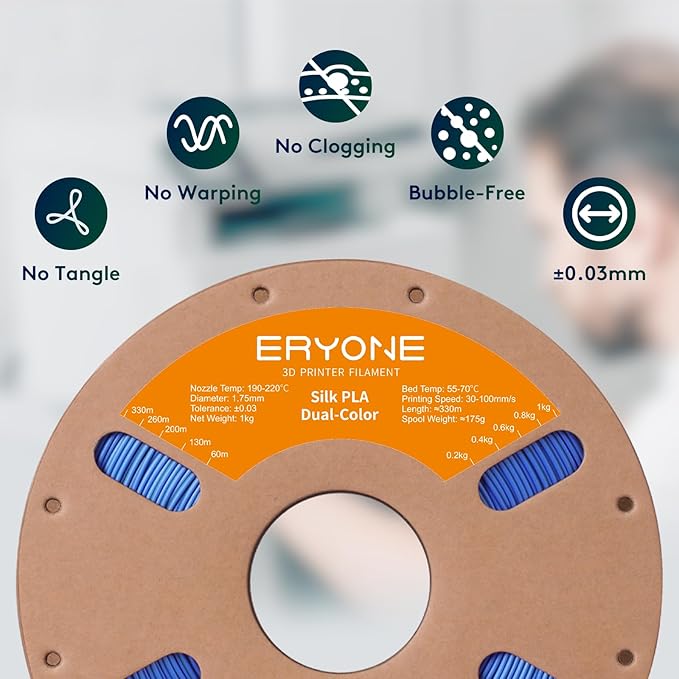 ERYONE Silk Dual Color PLA Filament 3D Printer 1.75mm +/- 0.03mm, Bicolor - Image 4