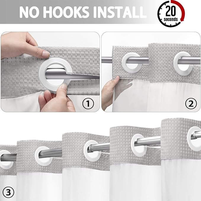 No Hook Shower Curtain and Liner Set, Light Grey Hotel Waffle Shower Curtain - Image 2