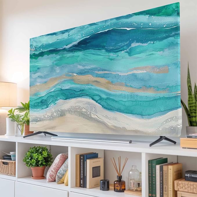 Marine Coastal Wave Turquoise Ombre Indoor TV Cover, Elastic TV Screen by Unknown