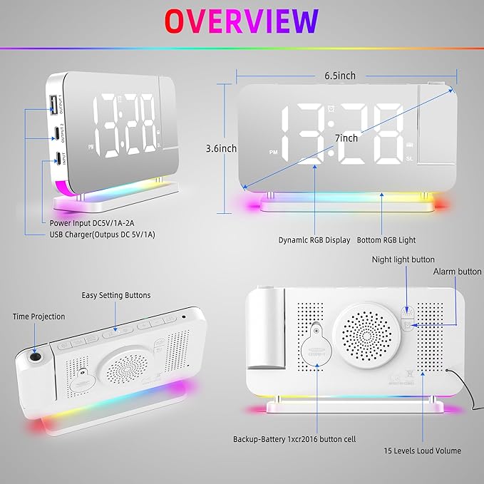 Projection Alarm Clock for Bedroom Ceiling, RGB Digital Clocks - Image 5
