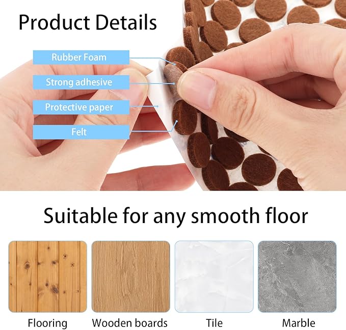 48 Pcs Brown Felt Cabinet Door Pads, 1/2 Inches Diameter Self Adhesive Felt - Image 6