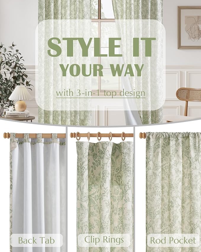 Vangao Lined Linen Curtains for Bedroom Floral Curtains 84 Inches Long Green - Image 6
