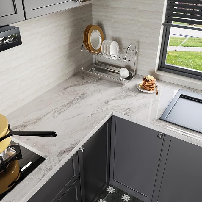CRE8TIVE 24"x118" Glossy Beige Silver Marble Contact Paper - Image 2