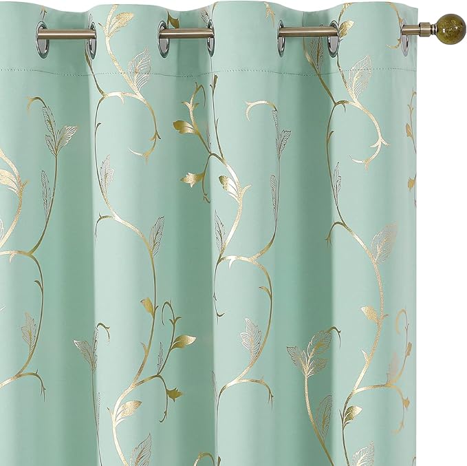 BUHUA Blackout Curtains Gold Foil Print Flower Vine Grommet Drapes, Room by BUHUA