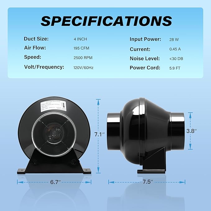HealSmart 4 Inch 195 CFM Exhaust Inline Duct Fan Quiet Vent Booster Blower - Image 6