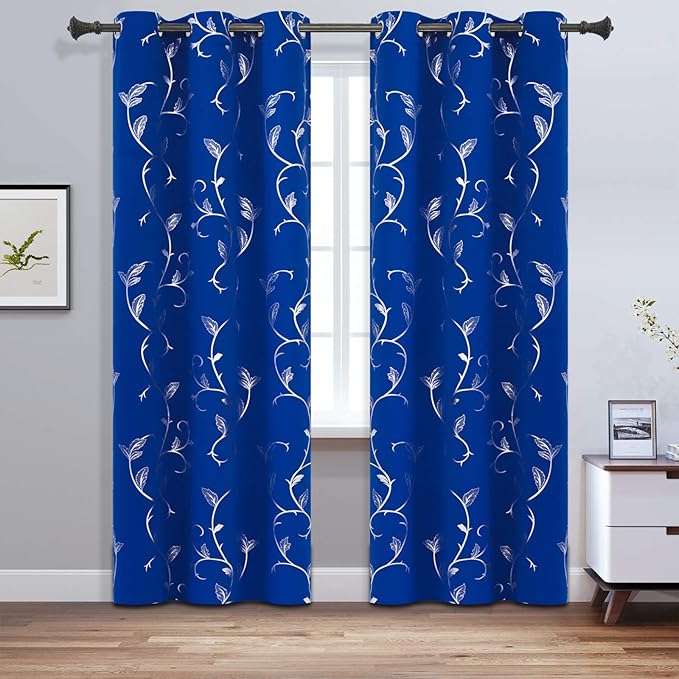 BUHUA Living Room Blue Blackout Window Curtains Silver Beautiful Flower Print - Image 2