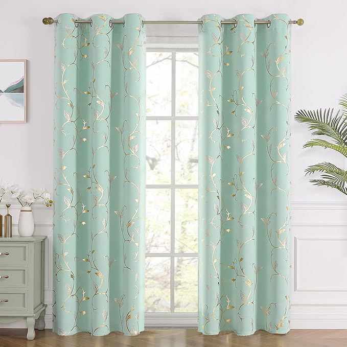 BUHUA Blackout Curtains Gold Foil Print Flower Vine Grommet Drapes, Room - Image 2