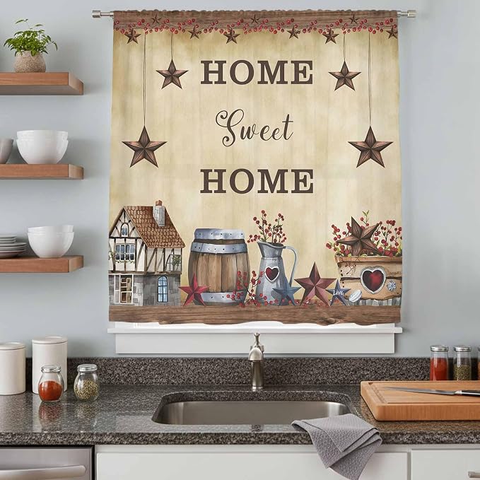 Farm Sheer Curtains 96 Inch Length American Country Barn Star Vintage Berry - Image 8