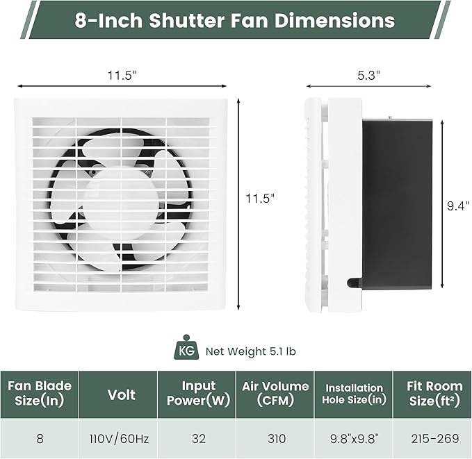 8" Shutter Exhaust Fan, 310CFM Window or Wall Mount Ventilation Fan - Image 2