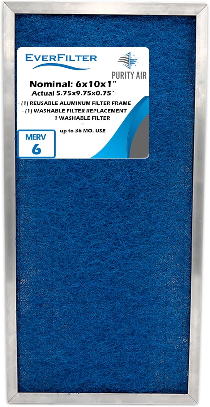 6x10x1 Air Filter MERV 6 Washable Air Filter Media, AC Furnace Filter, Aluminum by PurityAir