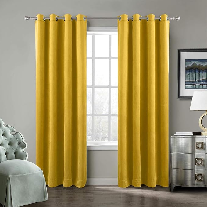 ChadMade Blackout Lined Premium Velvet Curtain Yellow 100Wx84L Inch, Eyelet by ChadMade