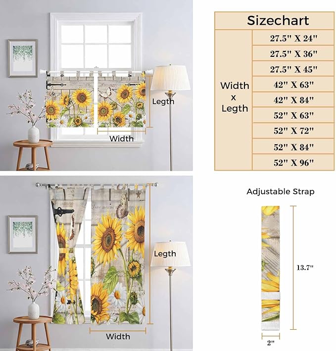 Farm Flowers Bedroom Curtains 63 Inch Length, Window Curtains Tab Top, Retro - Image 8