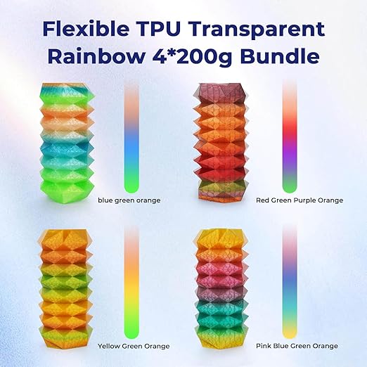 AMOLEN TPU 3D Printer Filament Bundle, Transparent Multicolor Rainbow TPU 1.75mm - Image 3