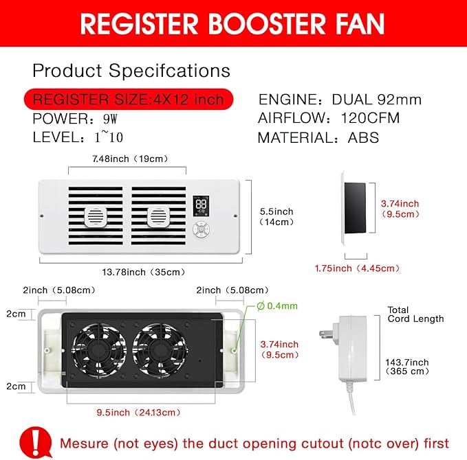 Register Booster Fan Fits 4" x 12" Register Holes, 10-Speed Smart Thermostat AC - Image 4
