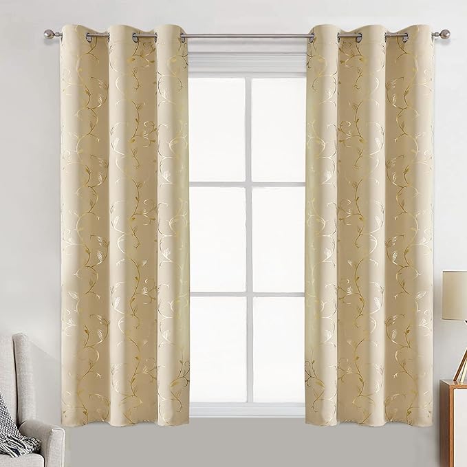 BUHUA Blackout Curtains Gold Foil Print Flower Vine Grommet Drapes, Room - Image 2