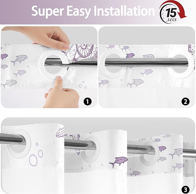No Hook Shower Curtain with Snap in Liner, Beach Ocean Nautical Coastal Shower - Image 6