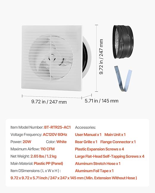 VEVOR Through-the-Wall Ventilation Fan， White Grille, 110 CFM, 6.8" Diameter - Image 8