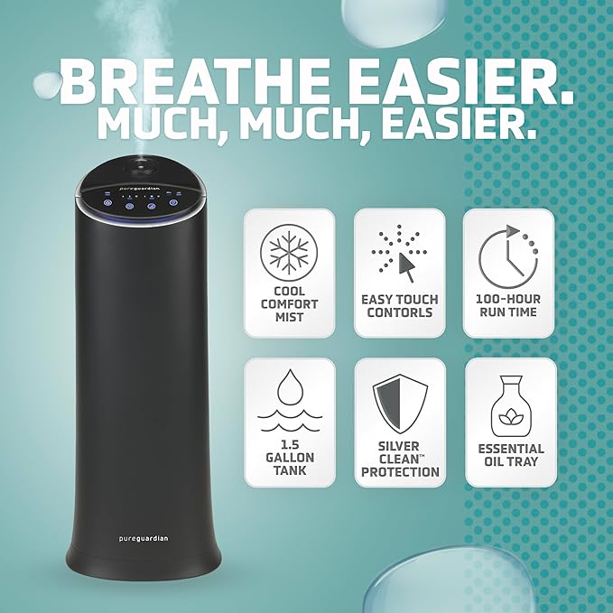 Pure Guardian Ultrasonic Cool Mist Humidifier, 100 Hour Run Time, 1.5 Gallon - Image 2