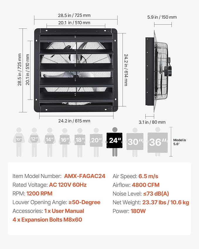 VEVOR 24'' Exhaust Fan, Wall Mounted Attic Fan - Image 7