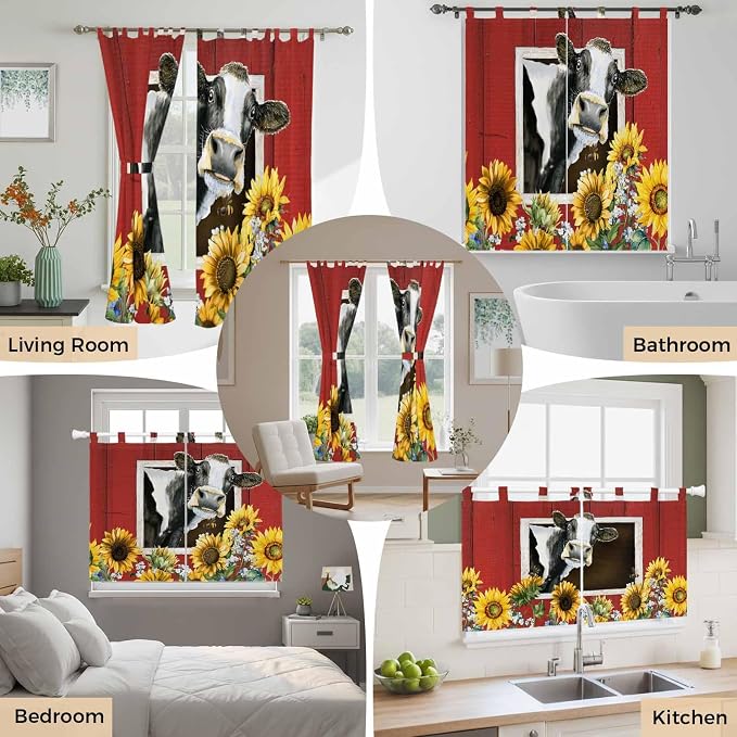 Cows Sunflowers Bedroom Curtains 72 Inch Length, Window Curtains Tab Top - Image 7
