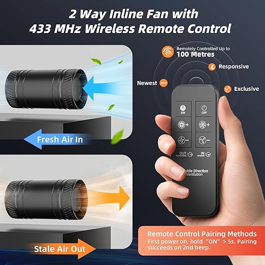 4 Inch Inline Fan with Remote, 2Way 6 Speed Inline Duct Fans High-Efficiency - Image 2