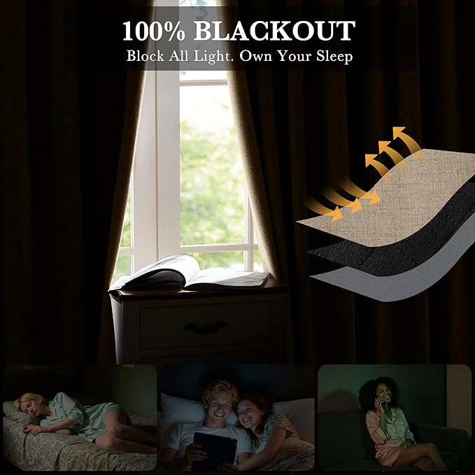 RYB HOME Burlap 100% Blackout Linen Curtains 78 inch Long, Thermal Insulated & - Image 3