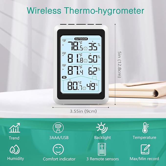 ORIA 3 Sensor Wireless Indoor Outdoor Thermometer Hygrometer, Digital - Image 2