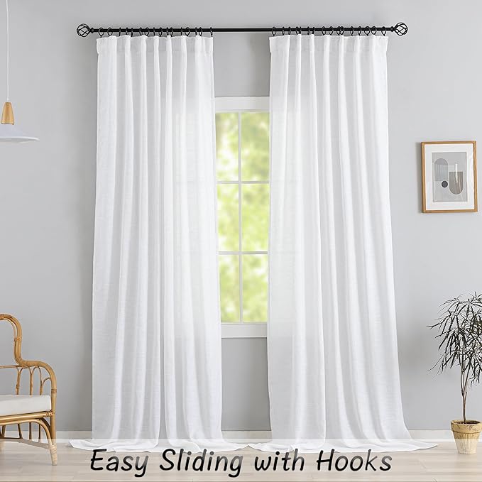 DONREN White Linen Back Tab Curtains 100 Inches Long 2 Panels - Image 2