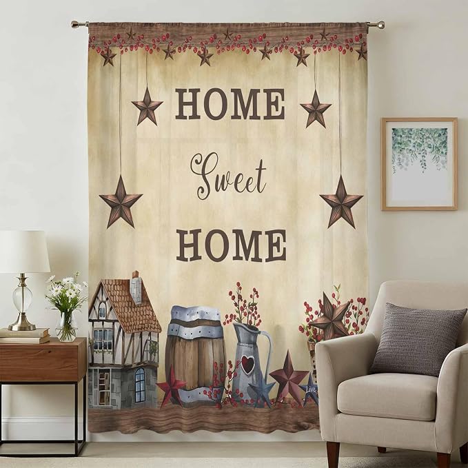 Farm Sheer Curtains 96 Inch Length American Country Barn Star Vintage Berry - Image 3