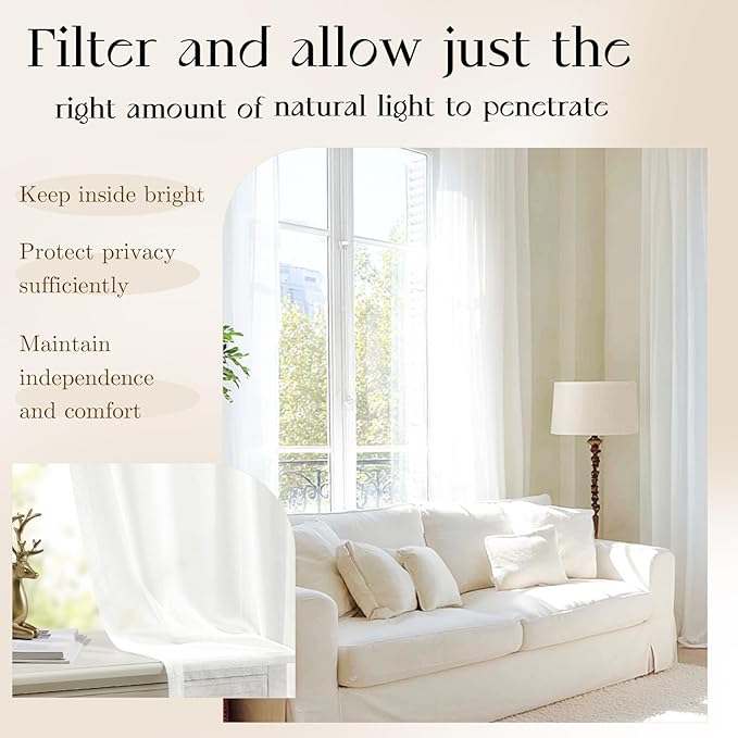Dreaming Casa White Sheer Curtains 102 Inches Long, Rod Pocket & Back Tab Light - Image 3
