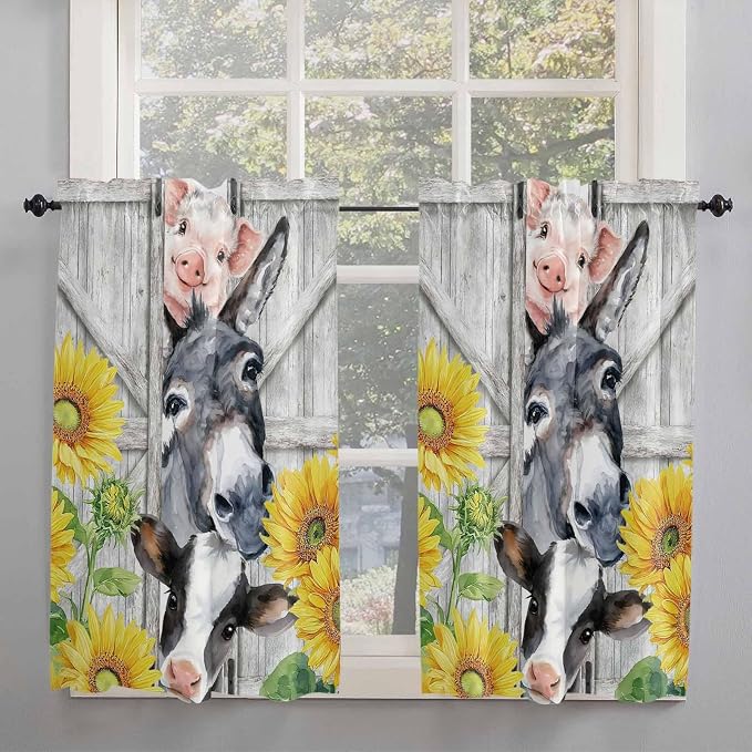 Farmhouse Tier Curtains 45 Inches Long, Watercolor Sunflowers Animals Printed - Image 2