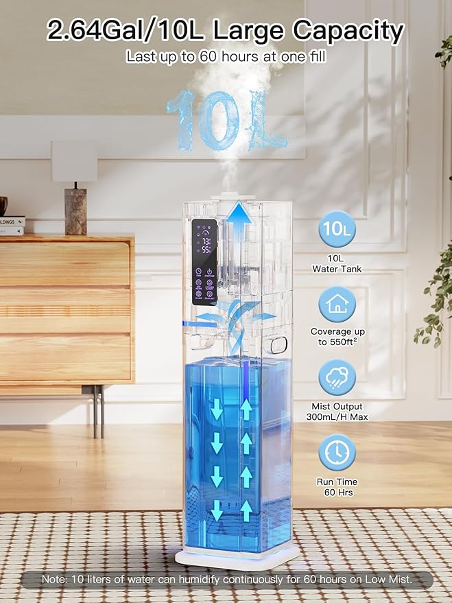 10L/2.64Gal Humidifiers for Bedroom, Top Fill Quiet Ultrasonic Cool Mist - Image 2