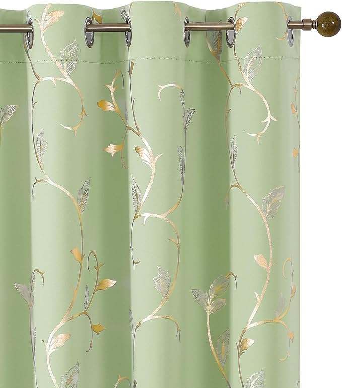 BUHUA Blackout Curtains Gold Foil Print Flower Vine Grommet Drapes, Room by BUHUA